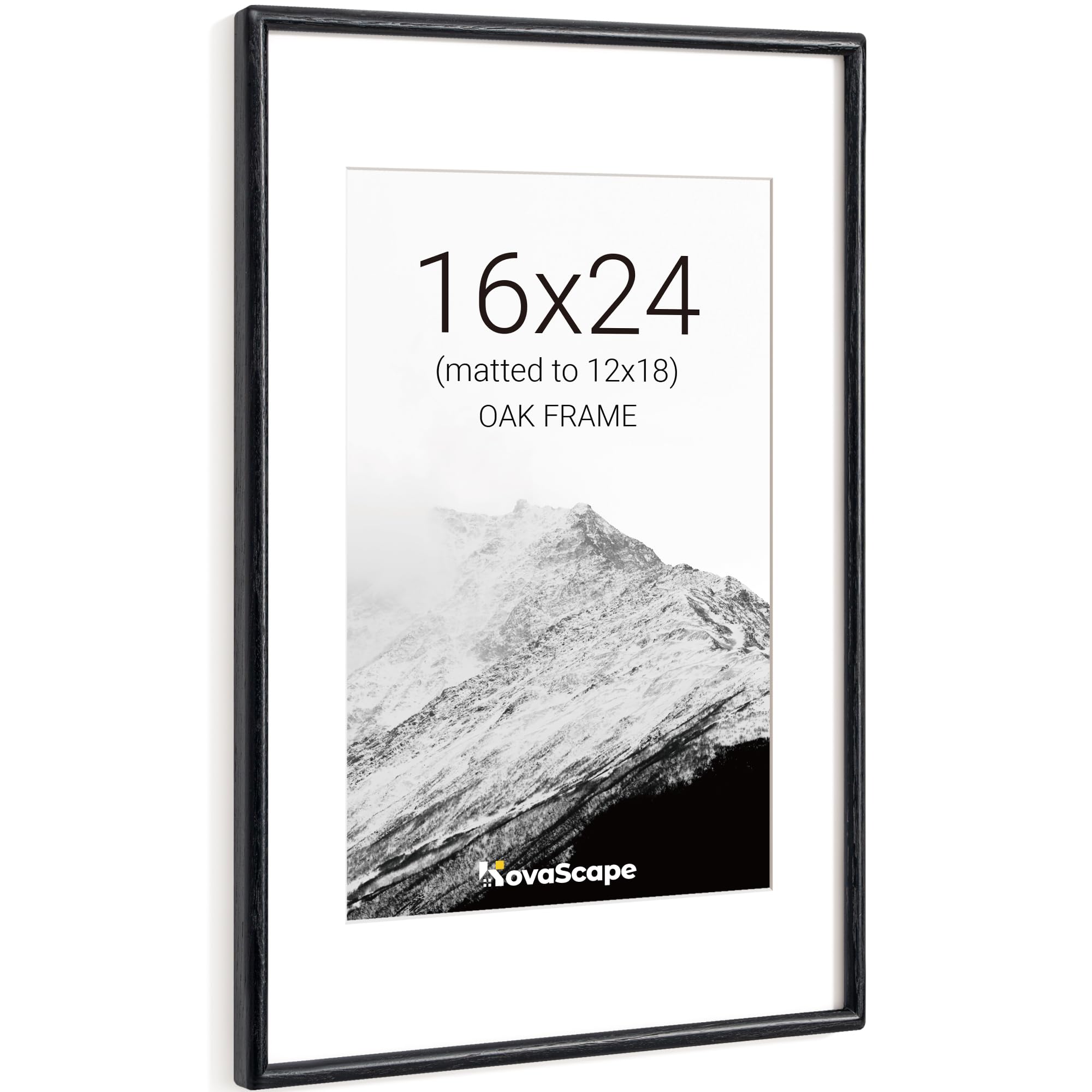 KovaScape 16x24 Picture Frame, Solid Oak Wood Photo Frame with Tempered Real Glass, Includes White Mount for 12x18 Photo, Rounded Corner Design, For Wall Hanging