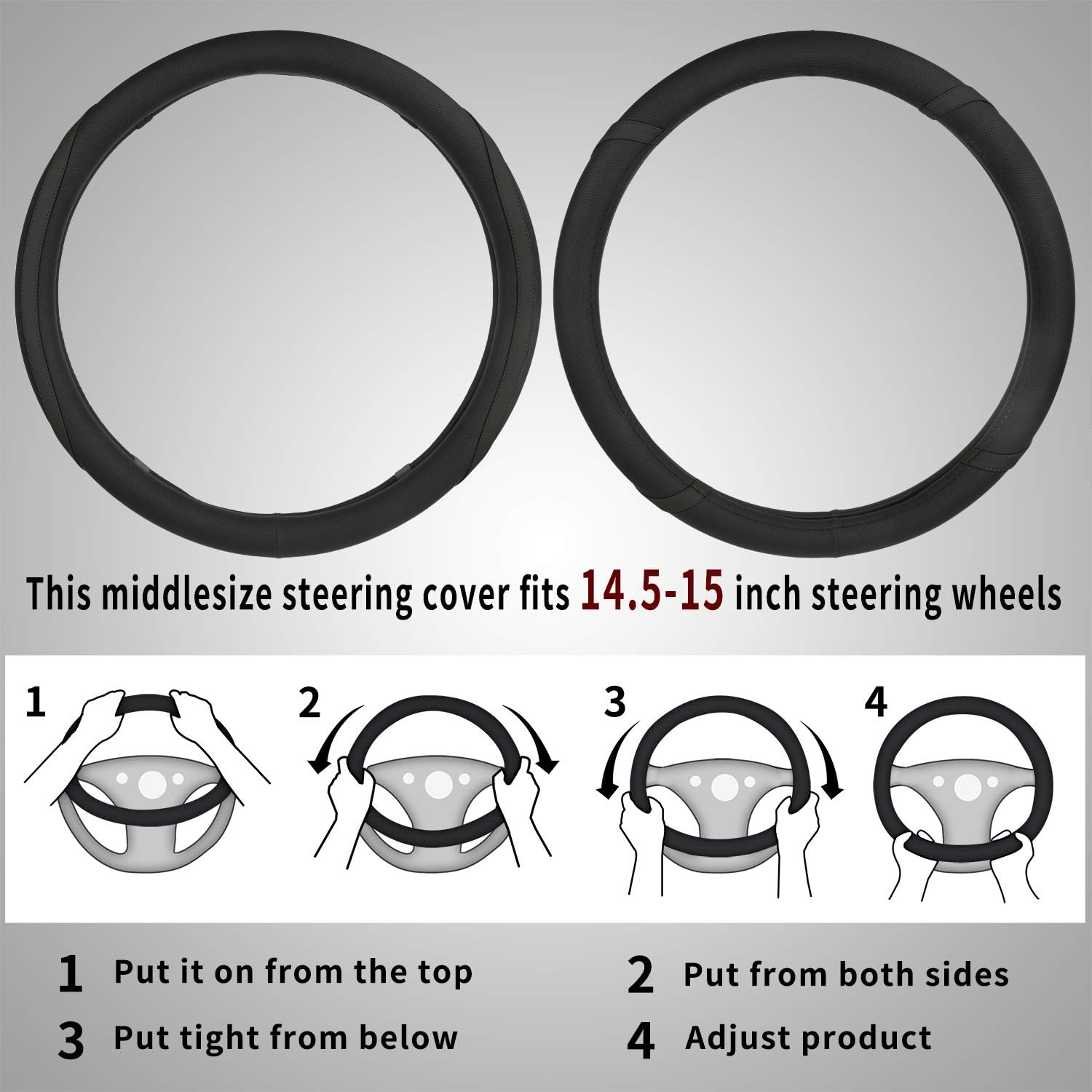 Achiou Leather Steering Wheel Cover with Black Lines, Universal Steering Wheel Wrap Suitable for 14.5-15.25 Inch, Soft Comfortable and Breathable Car Accessories