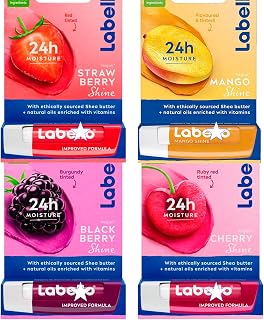 Lip Balm Set – Strawberry, Mango, Cherry & BlackberryShine – 4 x 4.8 g (0.68 oz Total) – Tinted Lip Balms with Natural Shine – Italian Lip Care Bundle