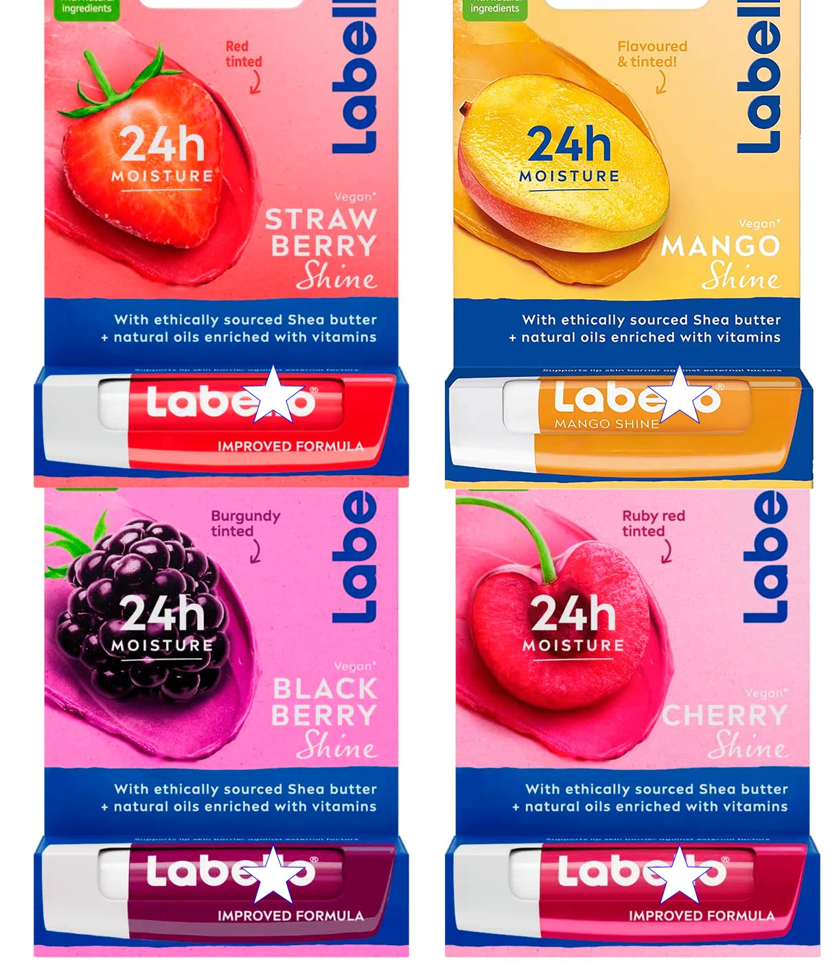 Lip Balm Set – Strawberry, Mango, Cherry & BlackberryShine – 4 x 4.8 g (0.68 oz Total) – Tinted Lip Balms with Natural Shine – Italian Lip Care Bundle