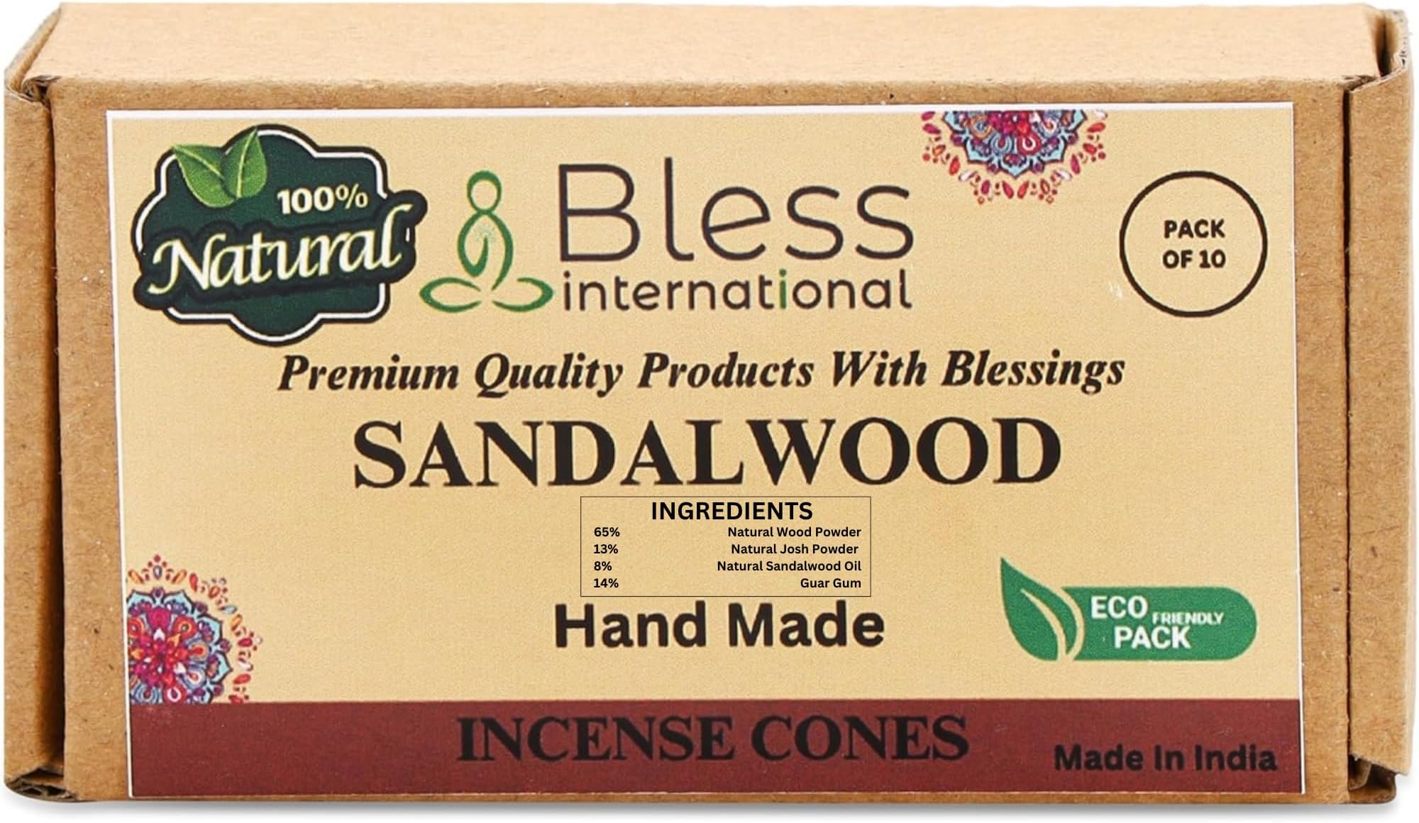 Bless International Sandalwood 100%-Natural-Incense-Cones Handmade-Hand-Dipped Organic-Chemicals-Free for-Purification-Relaxation-Positivity-Yoga-Meditation The-Best-scents (10 Count)