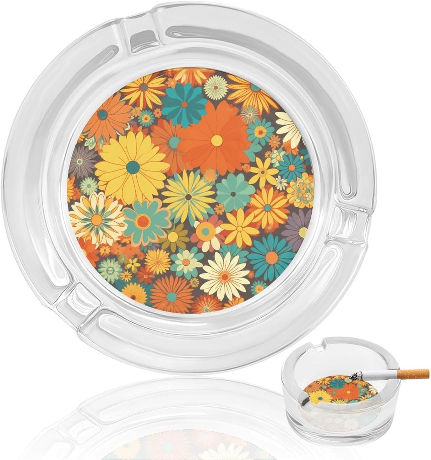 Glass Ashtrays Flowers And Birds Round Ash Tray for Cigarette Cigar Decorative Ashtray for Home Office Patio Outdoor