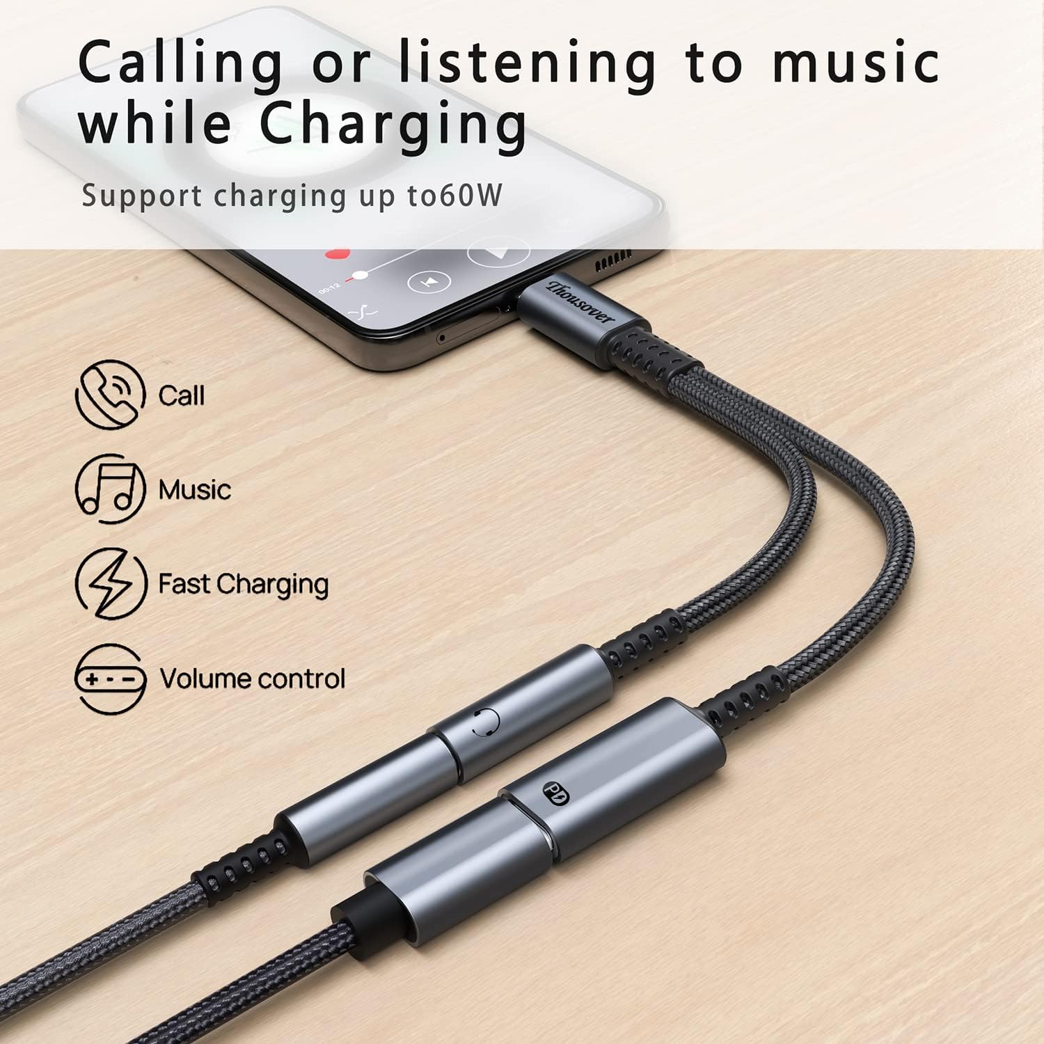 USB C to 3.5mm Headphone and Charger Adapter,2-in-1 USB C to Aux Audio Adapter with PD 60W Fast Charging Compatible with Apple iPhone 17/17Plus/17Pro/16 Pro Max,Samsung S24/S23/S22,iPad,Pixel 7/6
