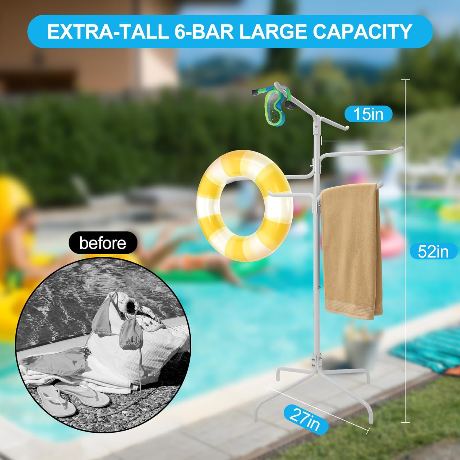 Pool Towel Rack Outdoor, Heavy Duty Freestanding Towel Holder Stand with 6 Bars & Stable Metal Base, 52-inch Tall Hot Tub Towel Hanger for Poolside, Spa, Bathroom, Sauna (White)