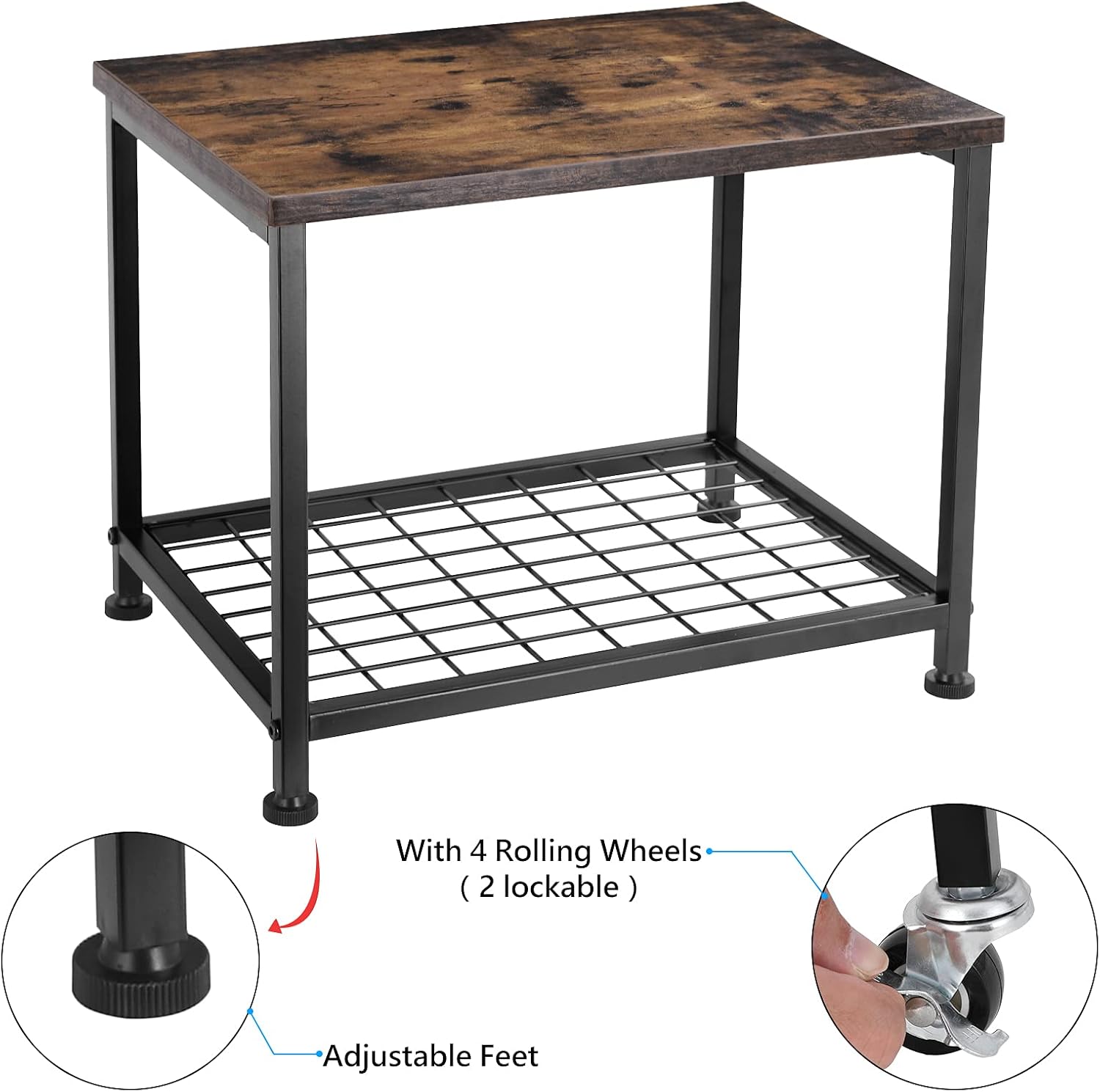 MOOACE Printer Stand Rack, Under Desk Home Printer Cart with Wheels for Mobility, Small Storage Wood Look Top End Table with Anti-Skid Feet, Desktop Shelf for Fax Machine, Scanner, Laser
