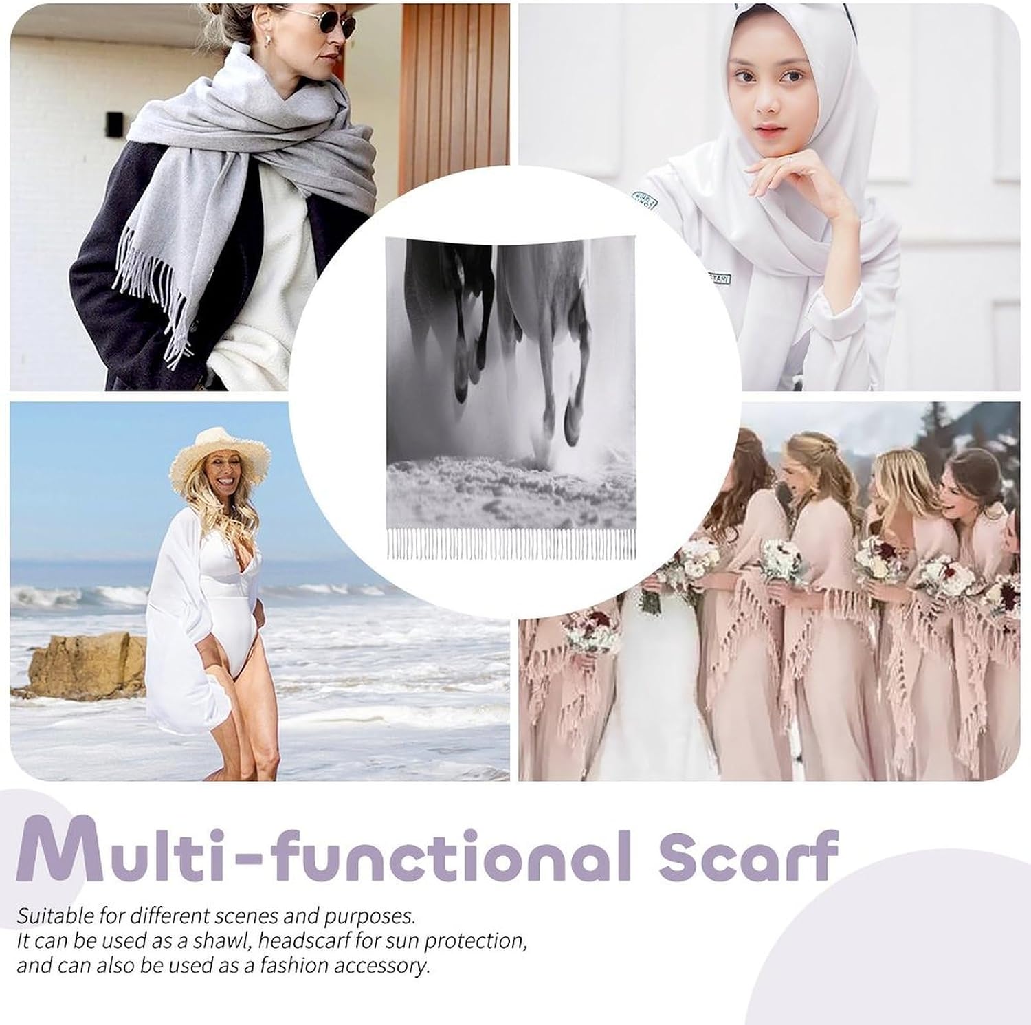 Black And White Horses Running Winter Scarf for Women Soft Tassel Scarves Oversized Wraps Long Shawl Cold Weather Thick Blanket Scarfs