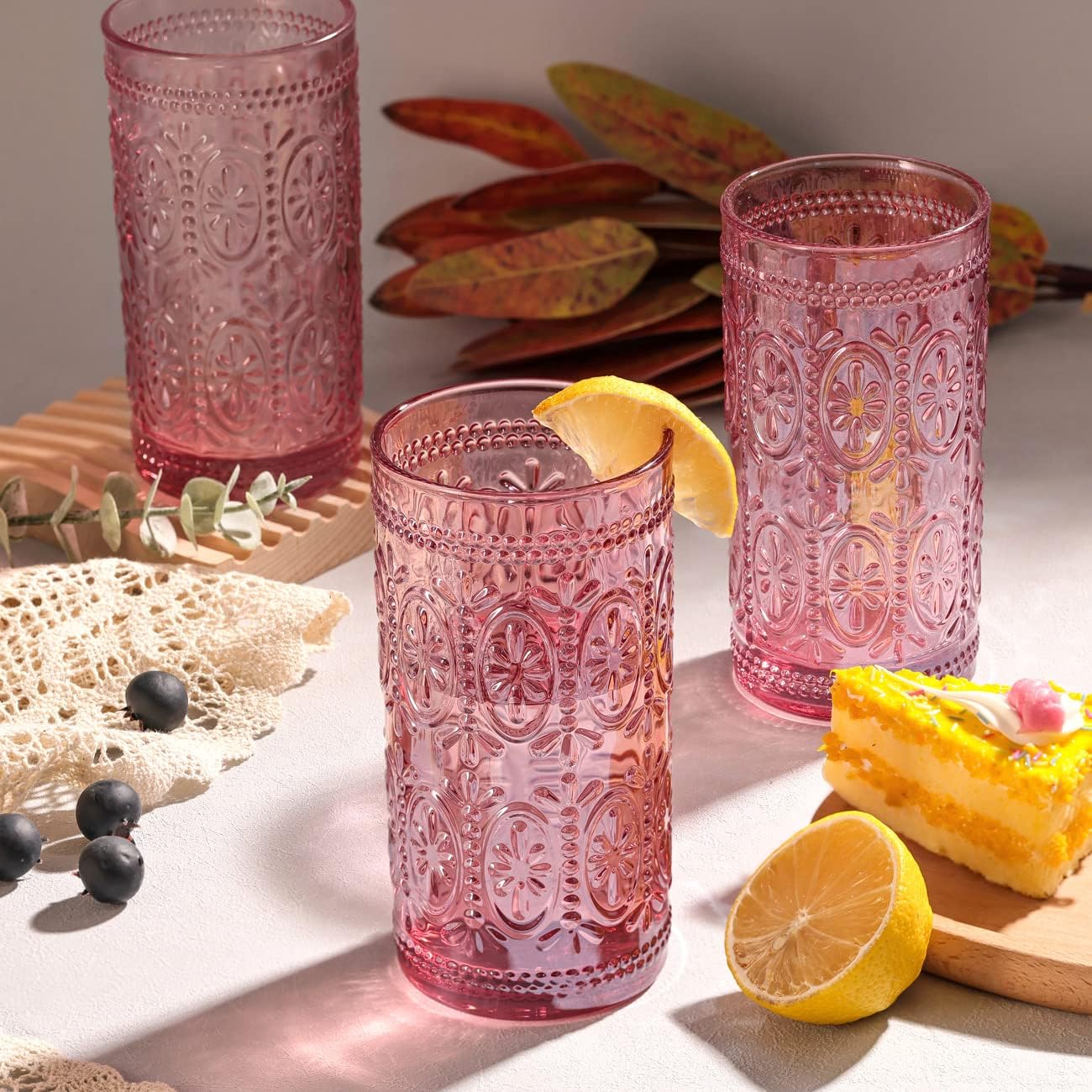 Darlion 6 Pack Pink Glassware Drinking, 12oz Highball Embossed Beverage Glass Cup, Vintage Drinking Glasses, Colored Water Glasses for Party Wedding Home Office and Gift - Image 5