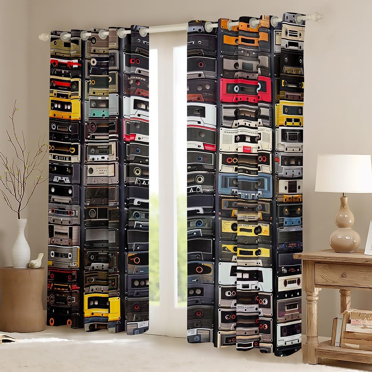 3D Audio Cassettes Curtains & Drapes 42"Wx90"L Retro Music Blackout Curtains For Kids Adults Men Women Retro Musical Old Mixtape Curtains & Drapes Hip-Hop Hippie Hipster Window Treatments 2 Panels
