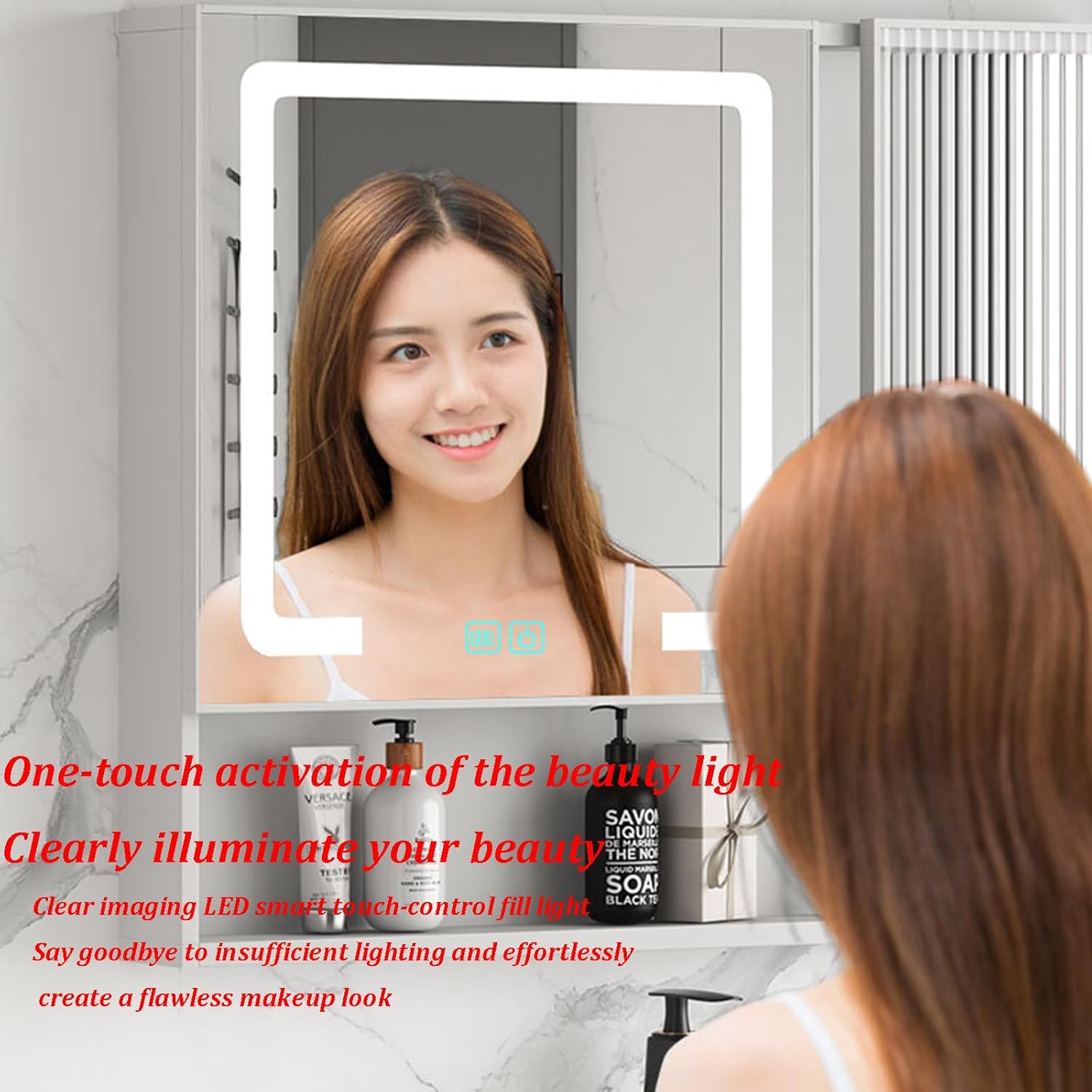 Led Bathroom Mirror Cabinet,Bathroom Cabinet with Hd Explosion Proof Anti-Fog,Button Touch,Makeup Mirror,Silent Opening and Closing Door,Bathroom Cabinet with 3 Tier Storage