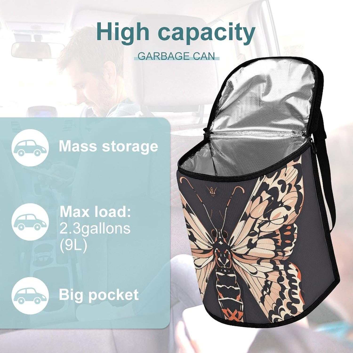 Moth Gothic Car Trash Can Car Trash Bin Car Garbage Can Trash Can for Car Car Trash Bag Car Trash Can for Women Men Car Garbage Bag Truck Trash Can Garbage Can for Car
