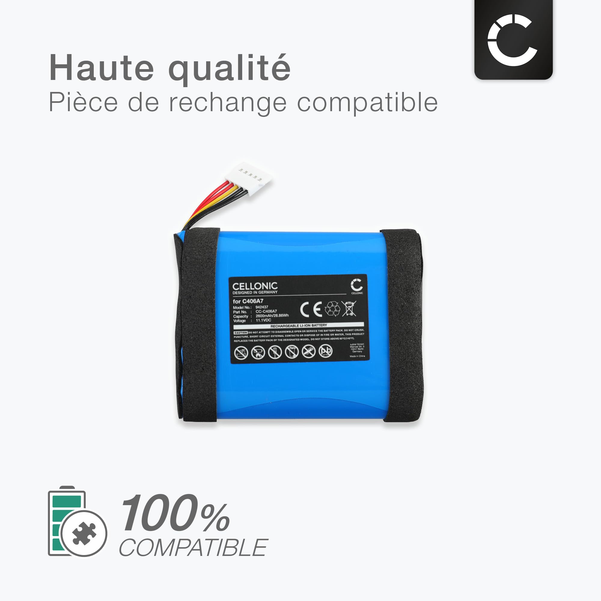 CELLONIC 1x Batterie pour Enceinte Compatible avec Marshall Middleton, C406A7 - (2600mAh, 11.1V)