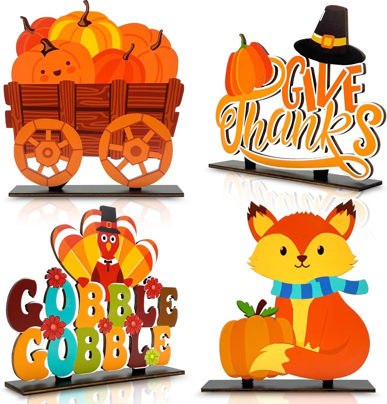 Thanksgiving Wooden Table Signs Fall Table Decorations with Pumpkin Turkey Fox Fall Wood Tabletop Signs Tiered Tray Decorations for Thanksgiving Party Supplies 4PCS