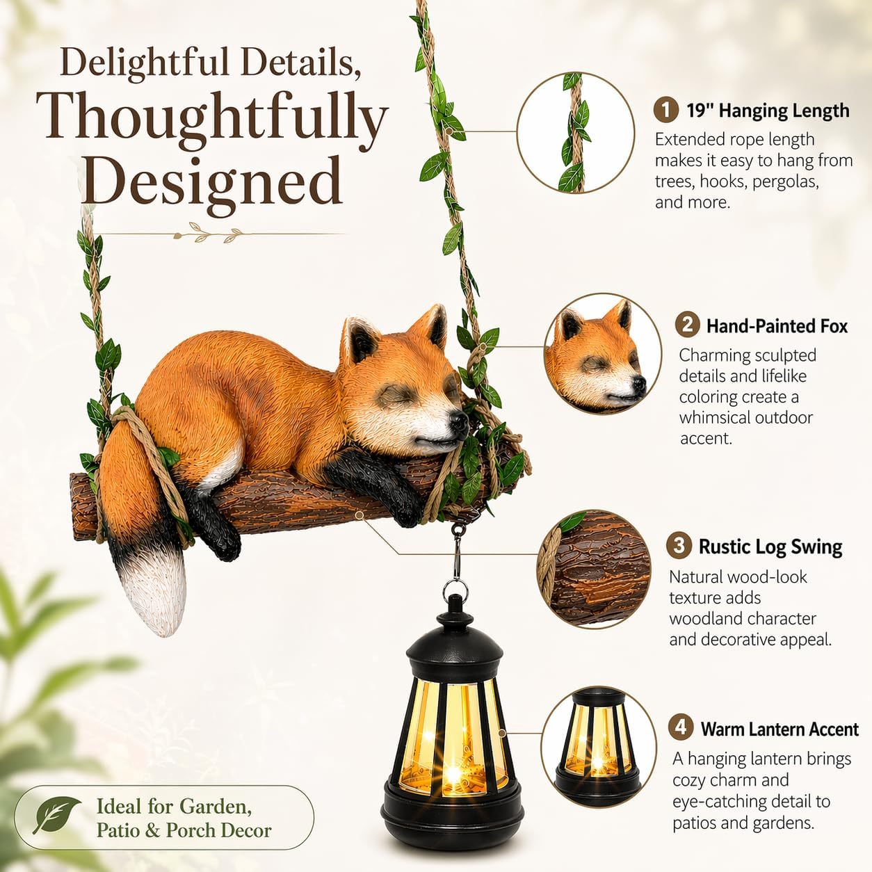 Fox Tree Solar Lighting Outdoor Garden Decor Hanging Fox Solar Lantern for Patio Yard Porch Solar Garden Statue Outdoor Figurine Ornament Gift Resin Woodland Decor 19 Inch