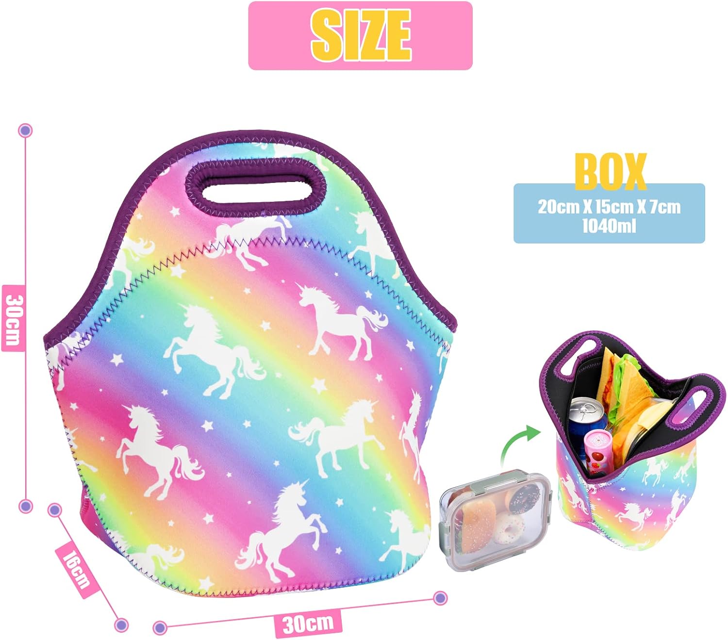 Rainbow Unicorn Lunch Bag for Girls - Neoprene Insulated Kids Lunch Tote Bag for School Preschool Kindergarten Elementary Girls Lunch Box Travel Picnic Camping Lunchbag