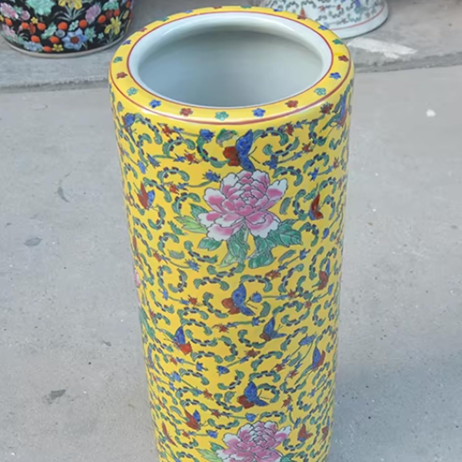 Porcelain Umbrella Stand Rack with Printed, Traditional Ceramic Umbrella Holder Indoor Entryway Storage Bucket for Canes, Walking Sticks(Yellow,20.8x9in/53x23cm)