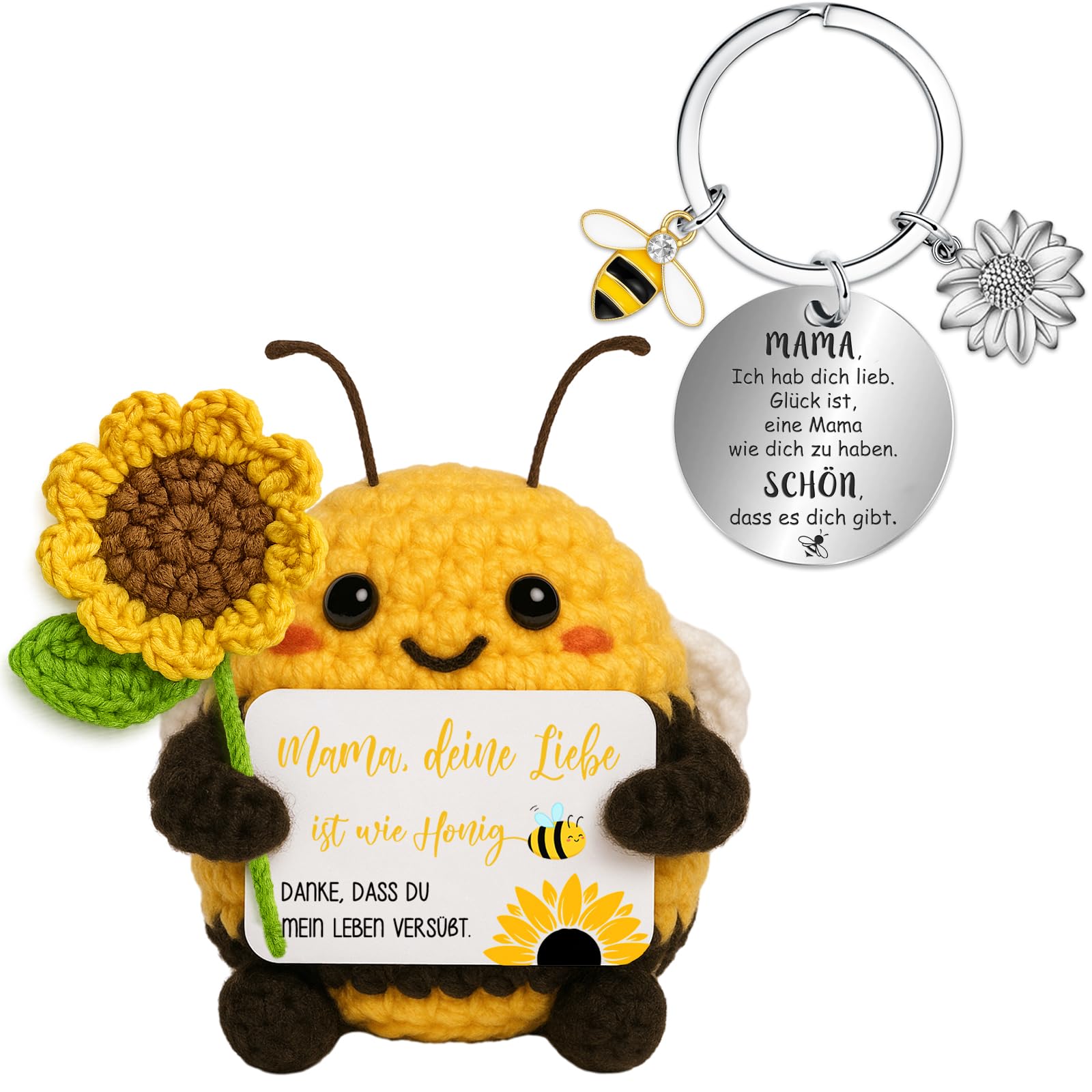 Farbeele Geschenke für Frauen & Männer, Handgehäkelte Sonnenblumen-Biene mit Glücksbringer Schlüsselanhänger, MutmacherGeschenk, Geburtstagsgeschenk für Freunde, Familie, Kollegen, Partner, Mama, Papa