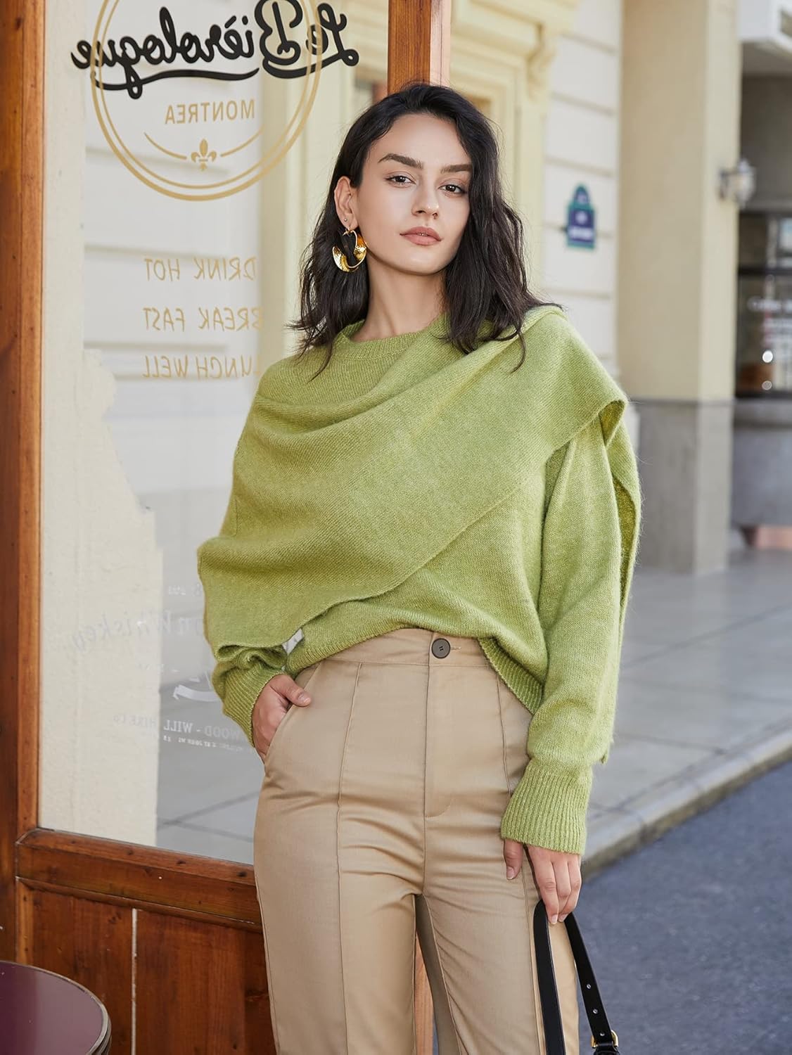 Women's Sweater Draped Side Drop Shoulder Sweater Sweater for Women (Color : Lime Green, Size : Medium)