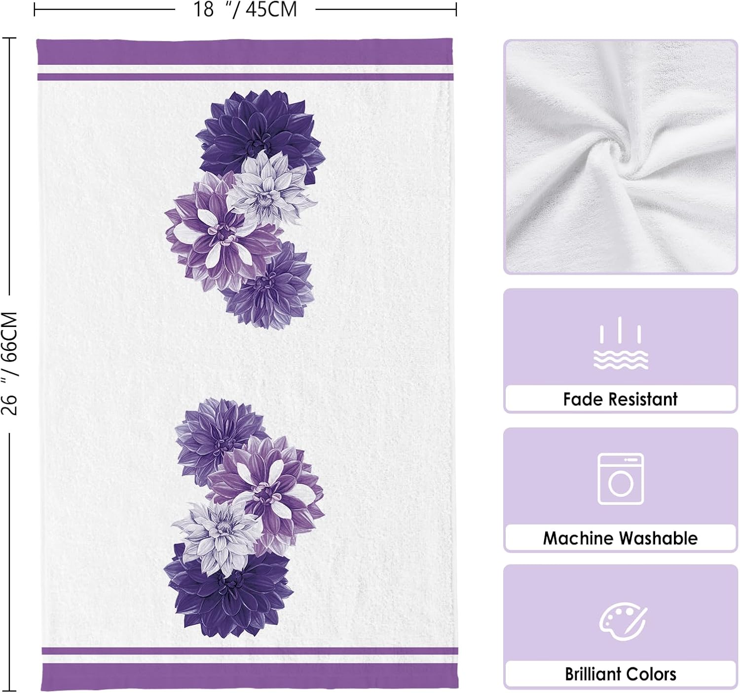 Purple Dahlia Flower Summer Kitchen Towels, Purple Gray Dish Towels Set of 2, Spring Summer Elegant Floral 18 x 26 Inch Hand Towel Quick Drying Dishcloth Decor for Kitchen Bathroom Home