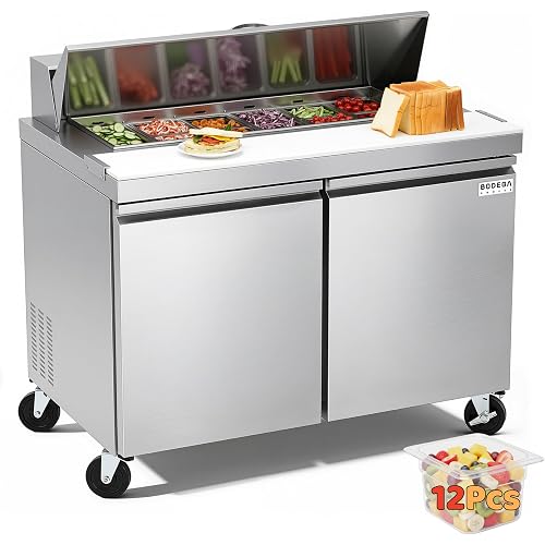 BODEGACOOLER 48" Sandwich & Salad Prep Refrigerator, 13.5 Cu.Ft Commercial Worktop Fridge with Double Stainless Steel Doors, 12 GN 1/6 Pans & Cutting Board, Child Lock for Restaurants, Cafes, Delis