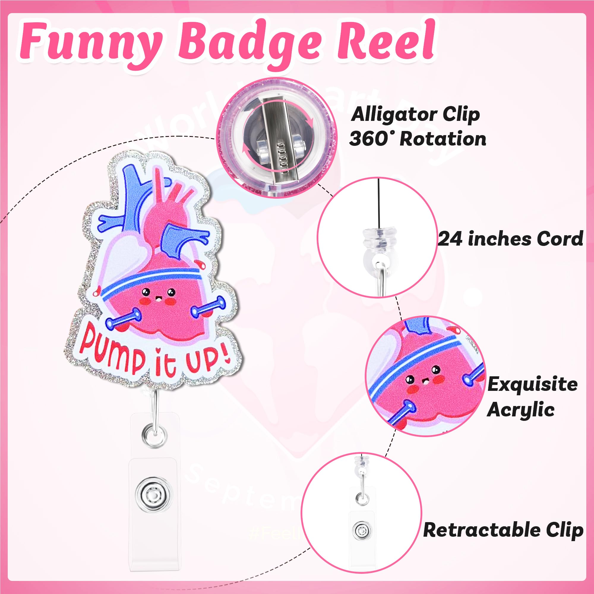 Pump It Up Heart Badge Reel with Aligator Clip Funny ID Badge Holders Cute RN LPN CNA MA PCT Badge Buddy Nursing Medical Students Nurse Accessories for Work