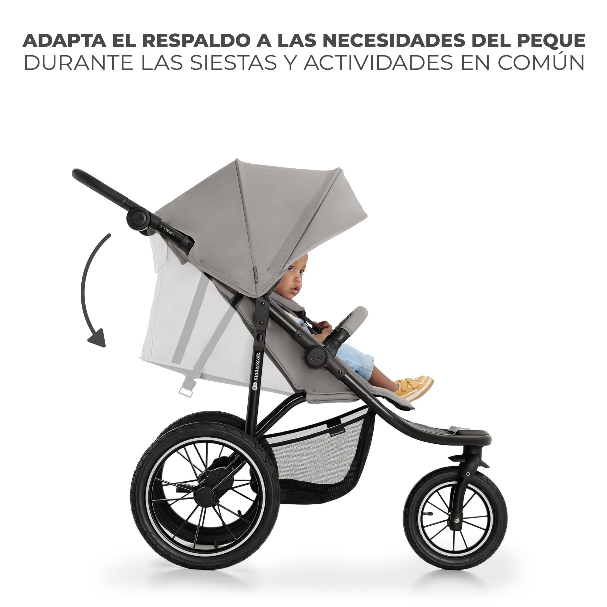 Kinderkraft HELSI 2, Jogger, Silla de Paseo, Para Bebés, 3 Ruedas, Para cada Terreno, Desde el Nacimiento hasta 22 Kg, Rueads Neumaticas, Off Road, Cesta Grande, Gris