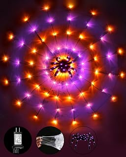 Halloween Decorations Spider Web Lights for Home, 4.9FT 96LED Waterproof Plugin Net Lights with 8 Modes & Timer, Light Up for Party Indoor Outdoor Garden Yard Haunted House(Orange Purple)