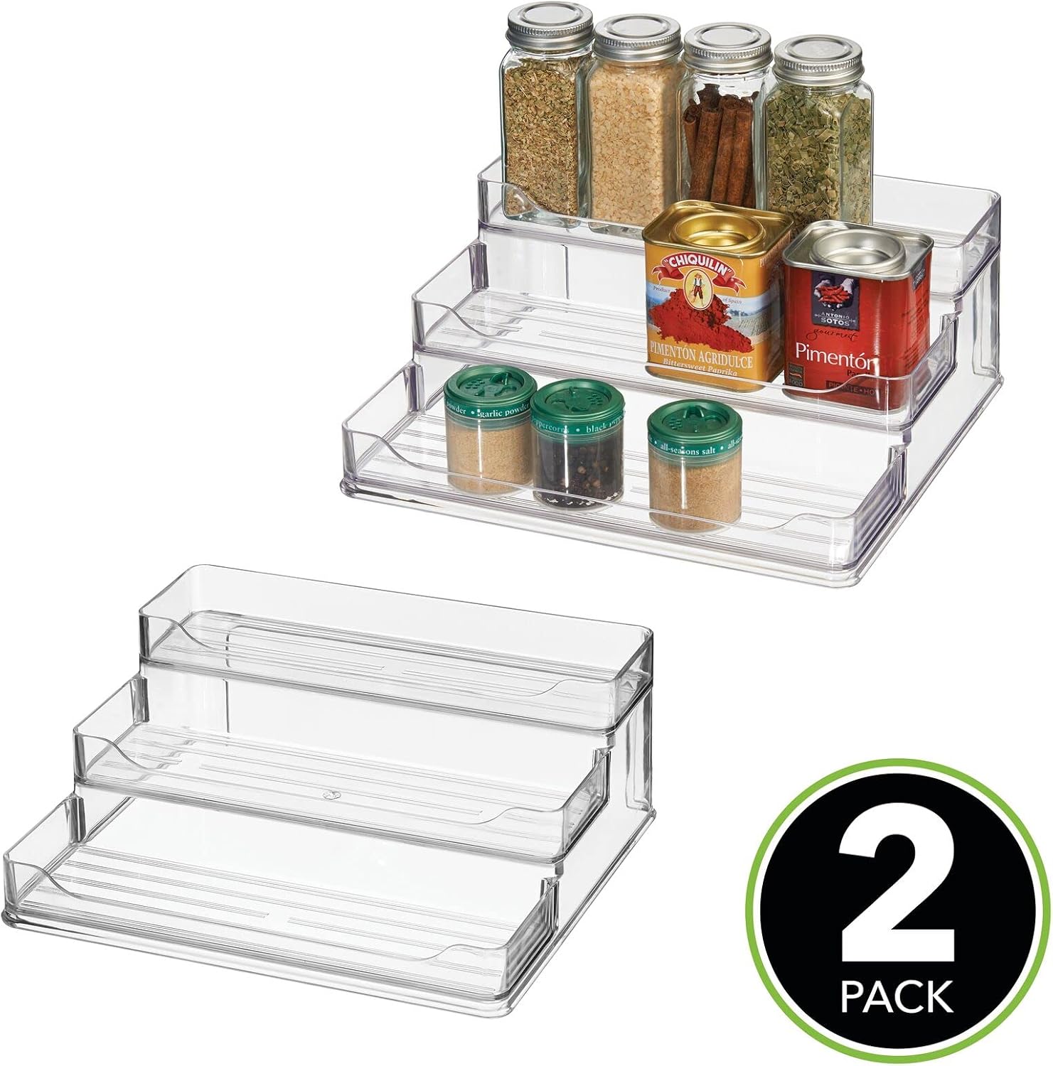 mDesign Plastic Kitchen 3-Tier Spice Rack Holder, Storage Organizer for Cabinet, Counter, Pantry, Shelf, Hold Spices, Seasoning, Jars, Canned Food, Appliances - Ligne Collection - 2 Pack - Clear