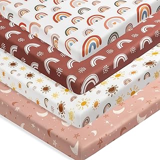 4 Pack N Play Sheets Mini Crib Sheets Boho Nursery Sheets Sunshine and Rainbow Desdign Neutral Unisex Fitted Baby N Play Sheets Mini Crib Sheets for Baby Boys or Girls (N Play Sheets)