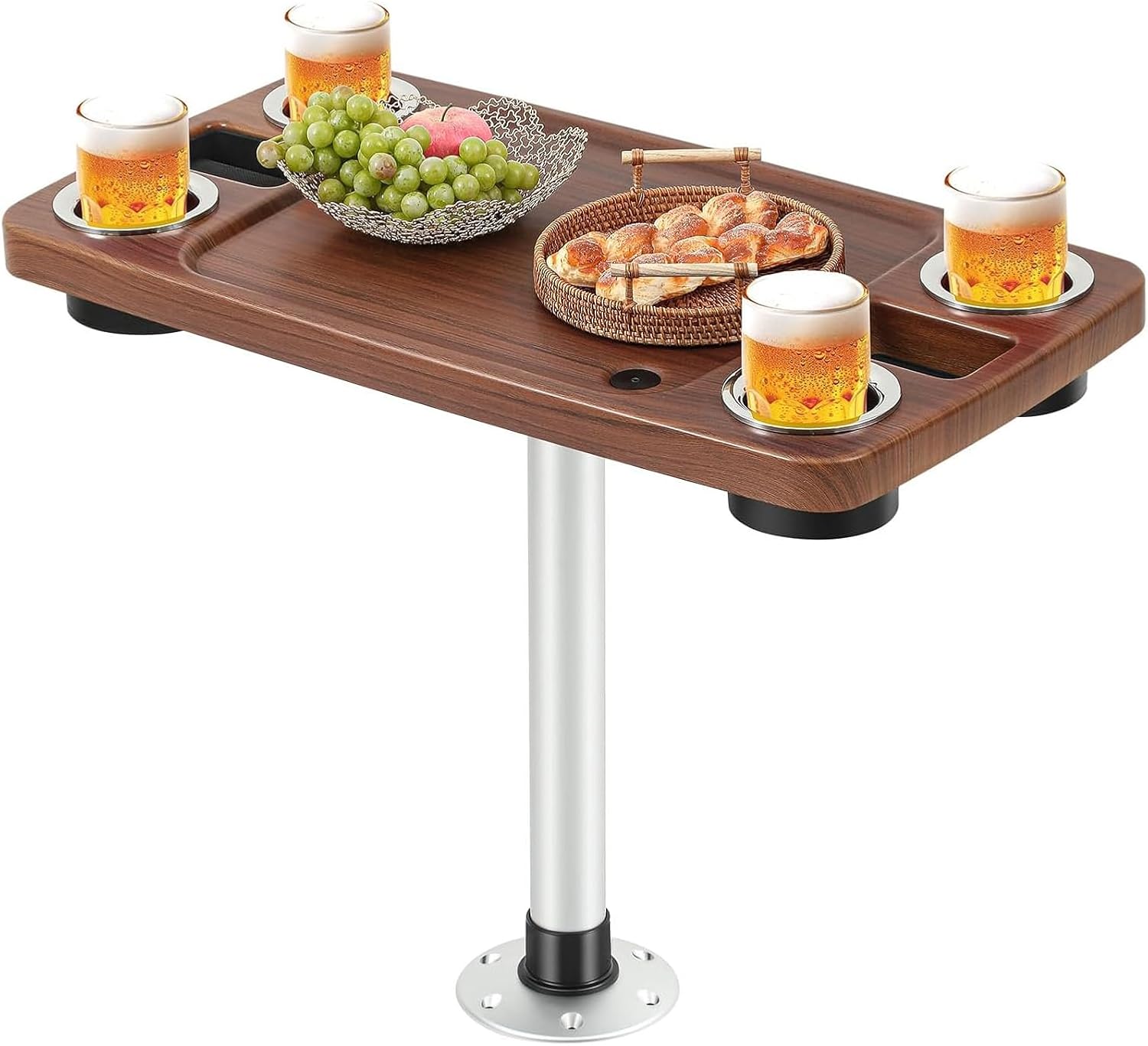Boat Table Pedestal Table Marine 86.5x46cm with 4 Spill Proof Drink Holders 2 Phone Slots Wood Texture Top for Boats Yachts RVs Campers