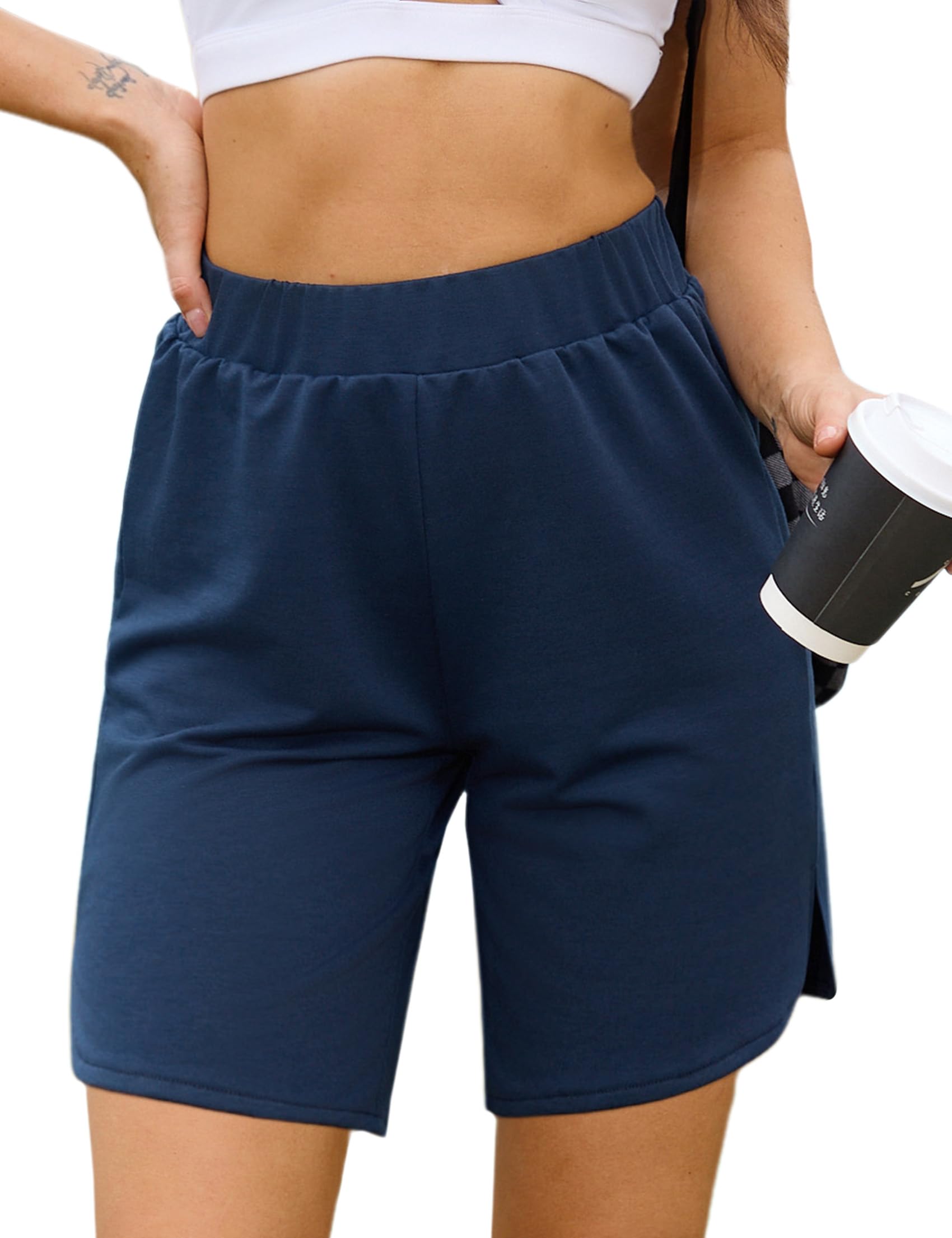 Terecey Sport Shorts Damen Lockere Casual Bermuda Kurze Hosen Weich Streifen Jogginghose High Waist Freizeithose mit Taschen und Kordelzug fur Running Yoga Fitness Lounge Fitnessstudio S-XXL