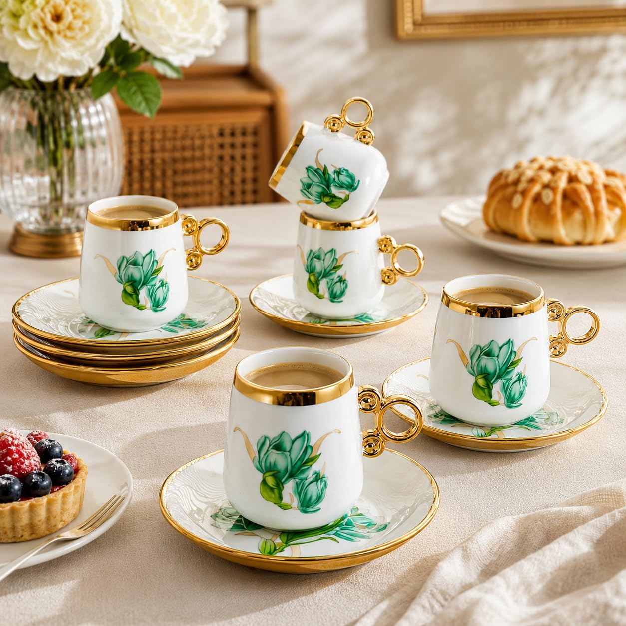 Condition photo showing New/Like New for porcelain tea cups and saucers set with gold trim - elegant green floral coffee cups, luxury tea party set, wedding gift (green 100ml 6 cups 6 plates)