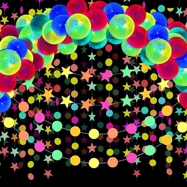 54 Pieces Glow Neon Party Supplies Decorations, Includes 10 Inches Neon Fluorescent Blacklight Birthday Balloons, 57.8 Feet Black Light Star Circle Dots Glow in The Dark Garland Banner Decorations