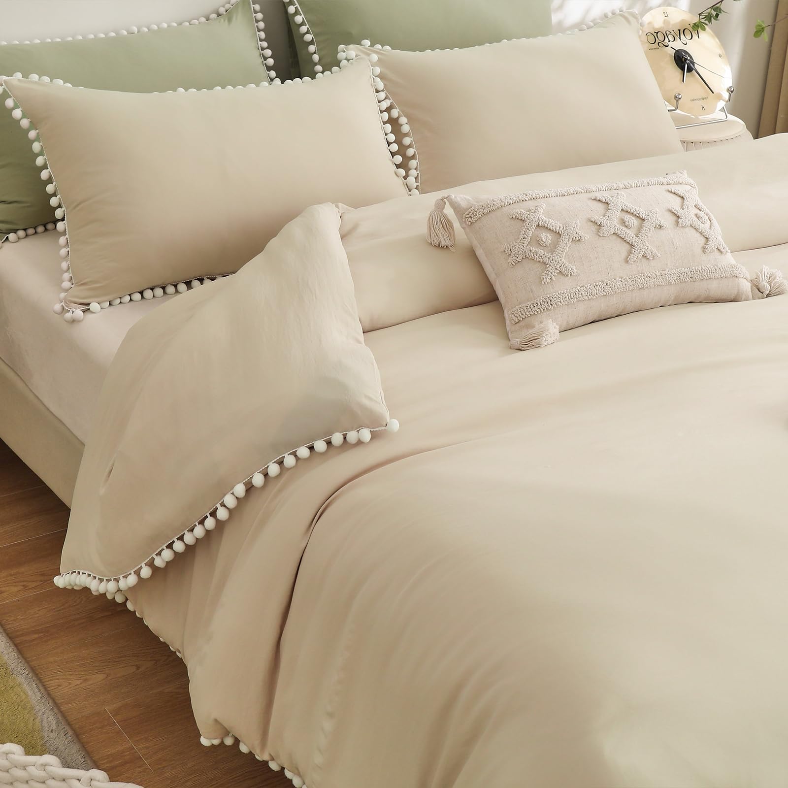 WONGS BEDDING King Size Duvet Cover Sets Beige and White Tassels Pompom Bedding Set 3PCS with 2 Pillowcases Cozy Soft Microfiber Zipper Closure King Size Bedding Sets for All Season (220x230cm)