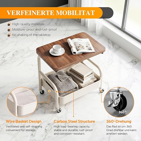Tekerlekli araba, 2 katlı, ahşap plakalı mutfak arabası, metal saklama arabası, 360° tekerlekli servis arabası, mutfak, banyo, oturma odası için mobil sehpa (krem, 2 kademeli)