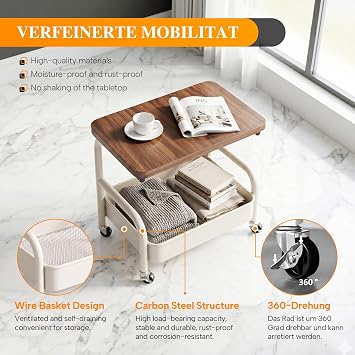 Tekerlekli araba, 2 katlı, ahşap plakalı mutfak arabası, metal saklama arabası, 360° tekerlekli servis arabası, mutfak, banyo, oturma odası için mobil sehpa (krem, 2 kademeli)