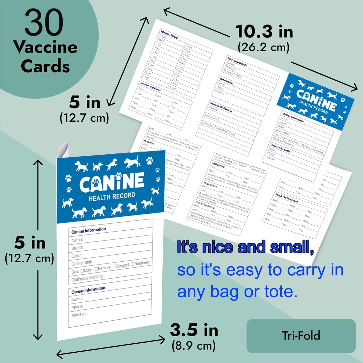 Puppy Record Card - Compact Portable Puppy Vaccination Record & Ink-Resistant Dog Vaccination Card - Pack of 5,Dog Breeding Supplies -, 5 x 3.5 in Folded, White, Paper（5）