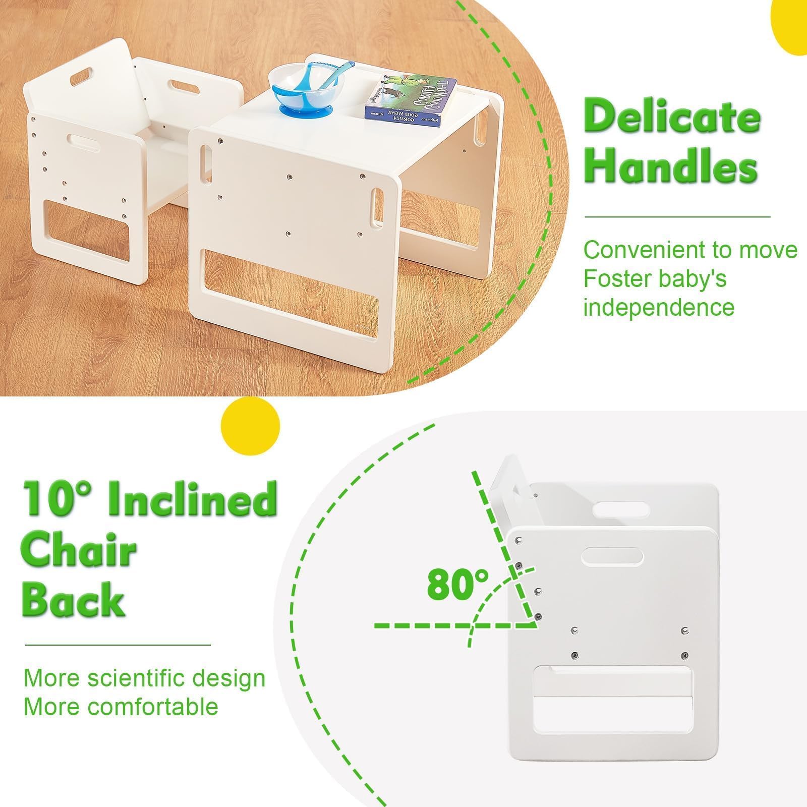 FUNLIO Set Tavolo e Sedia Montessori per Bambini 1-3 Anni, Altezza Regolabile, Ideale per Leggere/Mangiare/Giocare, Montaggio Semplice, Certificato CPC - Bianco