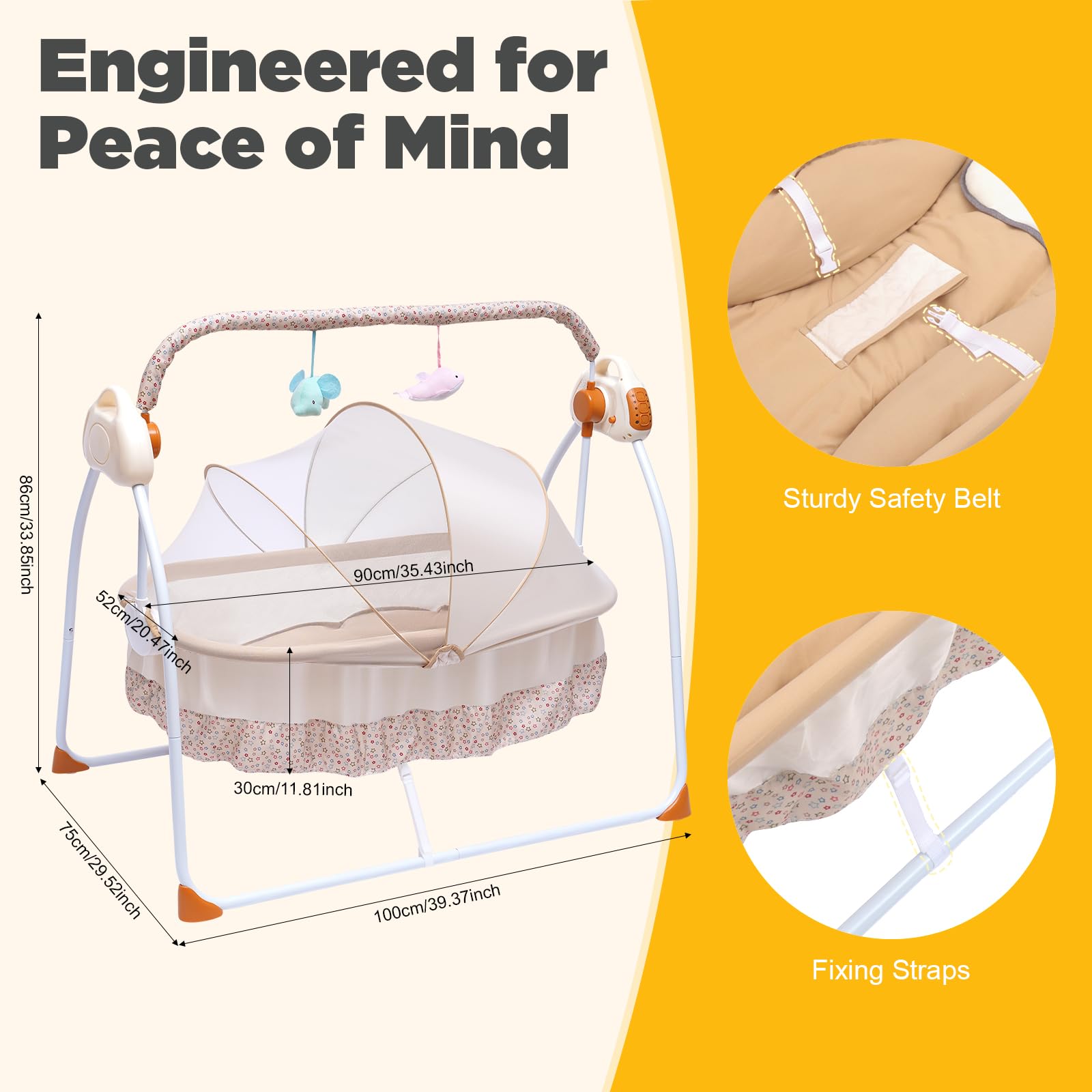 Fauteuil Berçant Électrique USB, Siège Relax Pliable avec Télécommande, 5 Vitesses 12 Mélodies Bluetooth Minuteur, Tissu Doux Lavable Structure Acier, Compact Pour Maison Extérieur, Kaki 100x75x86cm