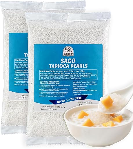 52USA Sago Pearls, Small Tapioca Pearls 1.1 lbs (500g) – White Sago for Desserts and Bubble Milk Tea, All-Natural, Vegan, Non-GMO, Gluten-Free (ASIN B0FWN1NWD8), rank #10 by monthly sales volume for 'Sago' on Amazon