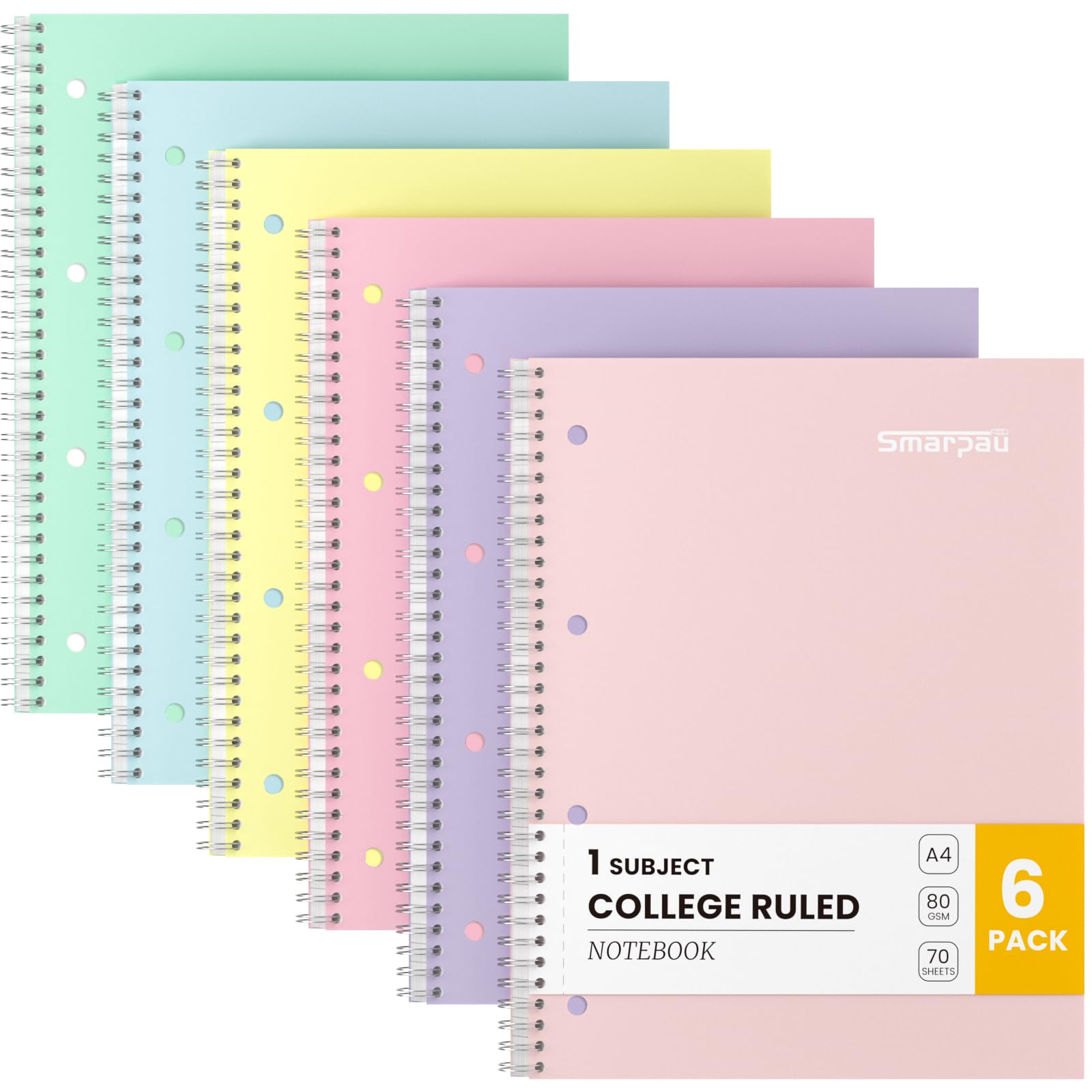 Smarpau 6 Pack Wirebound Notebook A4, 8 mm Lined with Margin, 140 Pages Notebook with 80GSM Paper, Notepad with Perforated Edges - Pastel Colours — image 1