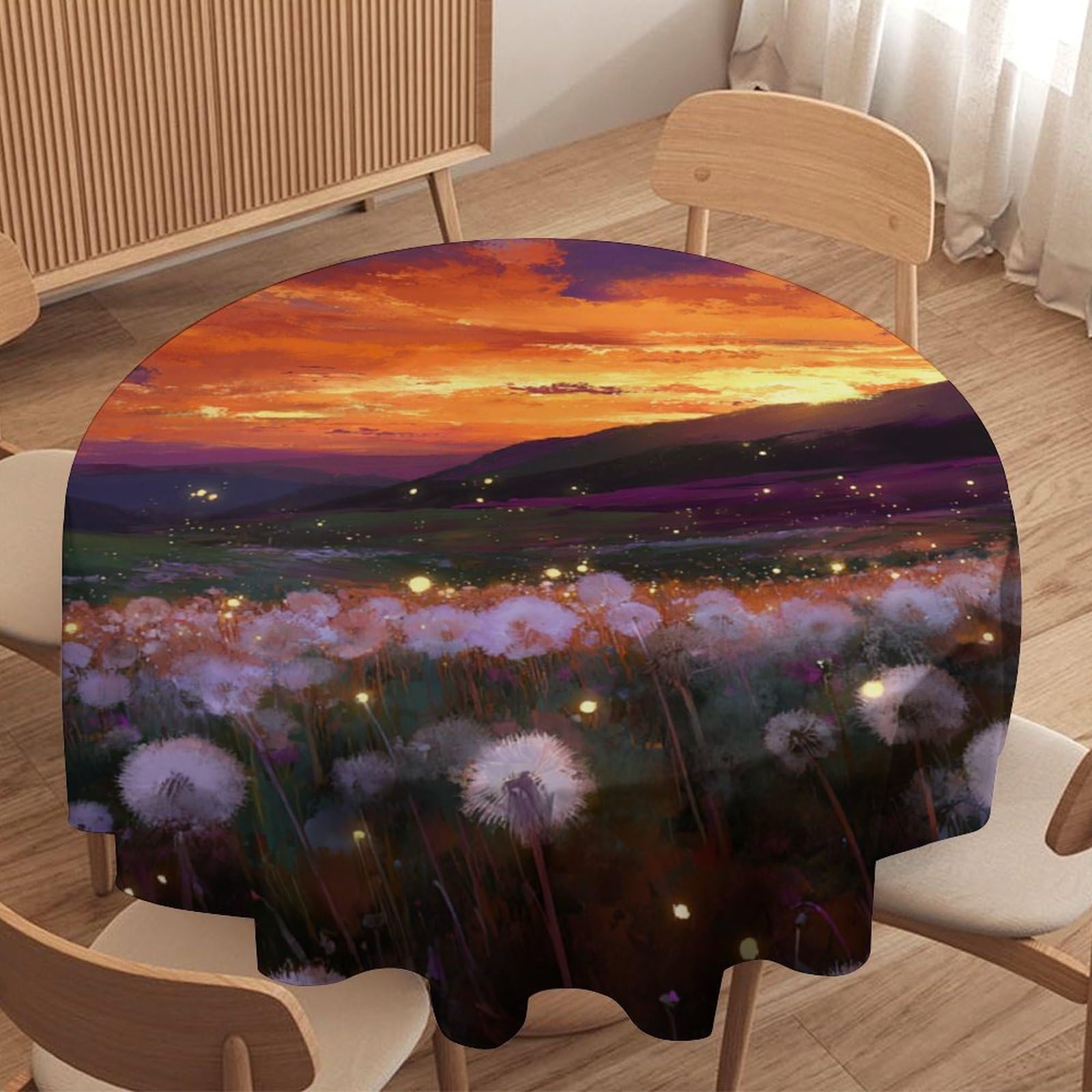 LUYYSKY Modern Aesthetic Dandelions Waterproof Round Tablecloth Fantasy Natural Sunset Landscape Plants Dandelions Floral Pattern Washable Table Cover for Kitchen-91.4" Wx91.4 L cm