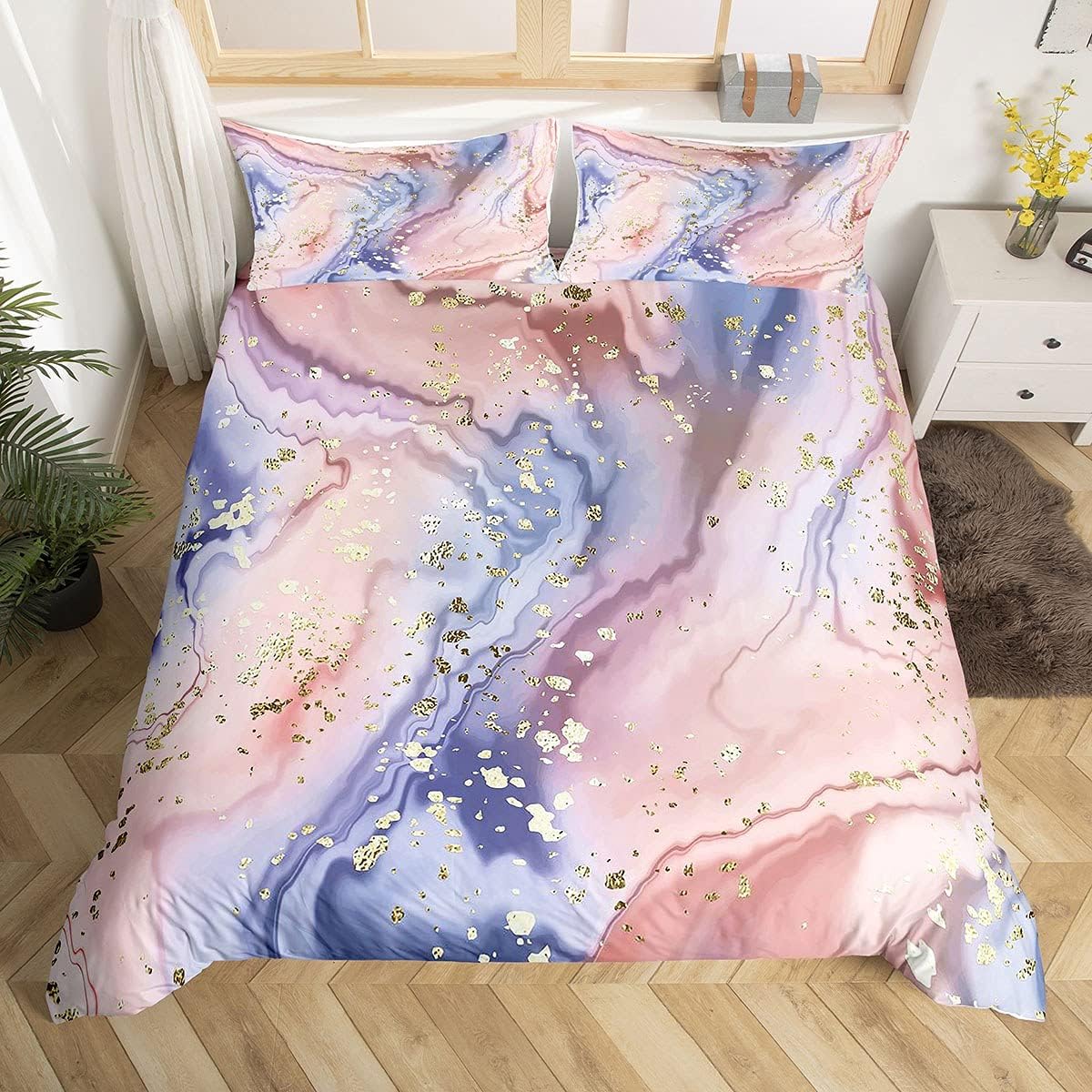 Feelyou Girls Pink Marble Duvet Cover Women Purple Blue Marble Texture Comforter Cover Gold Glitter Abstract Art Painting Bedding Set Kids Girly Colorful Modern Room Decor Twin Size (No Comforter)
