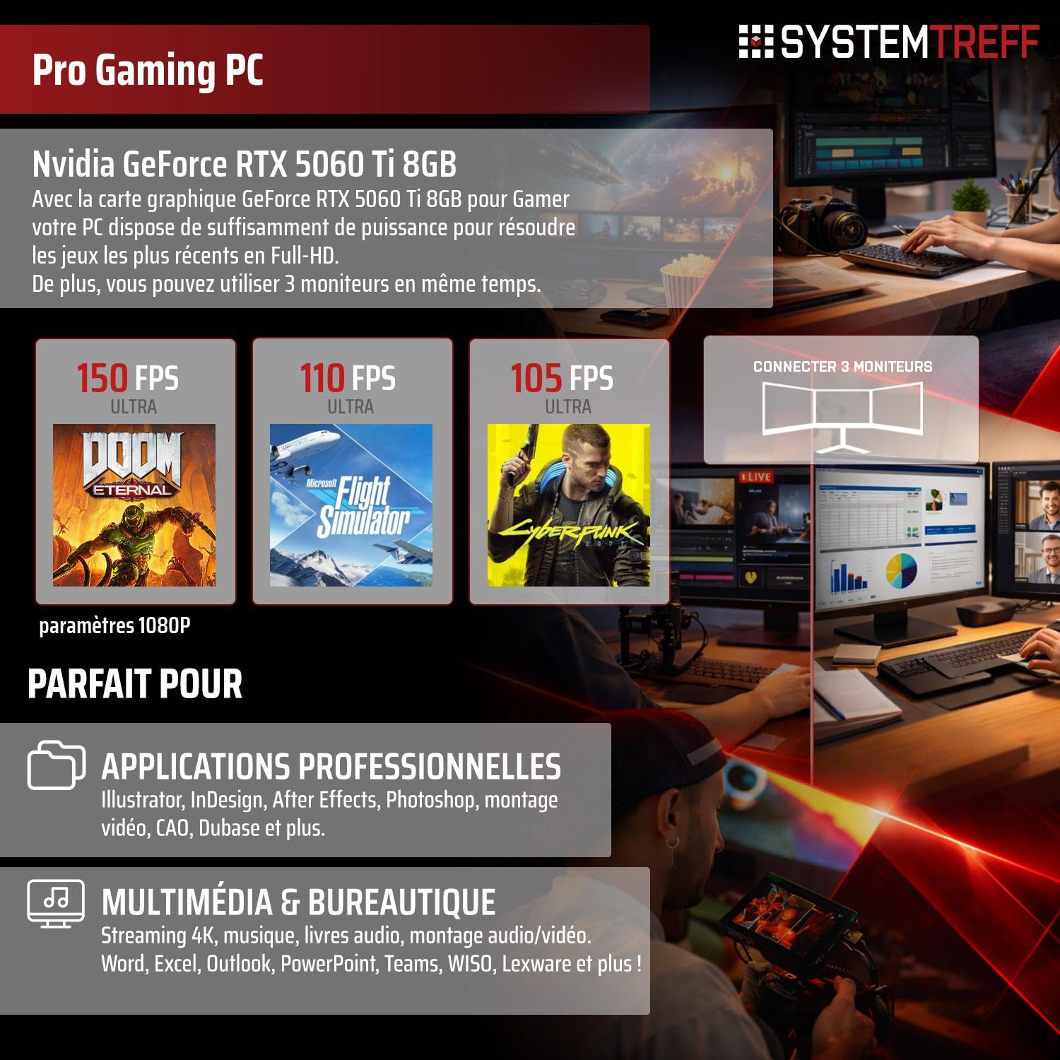 SYSTEMTREFF PC de Bureau - Intel Core i5-12600K - RTX 5060 Ti 8Go | Intel 6 cœurs jusqu'à 4.9 GHz, 32Go DDR4, 1To M.2 NVMe SSD, Nvidia graphique WiFi, Windows 11, pour le bureau, business