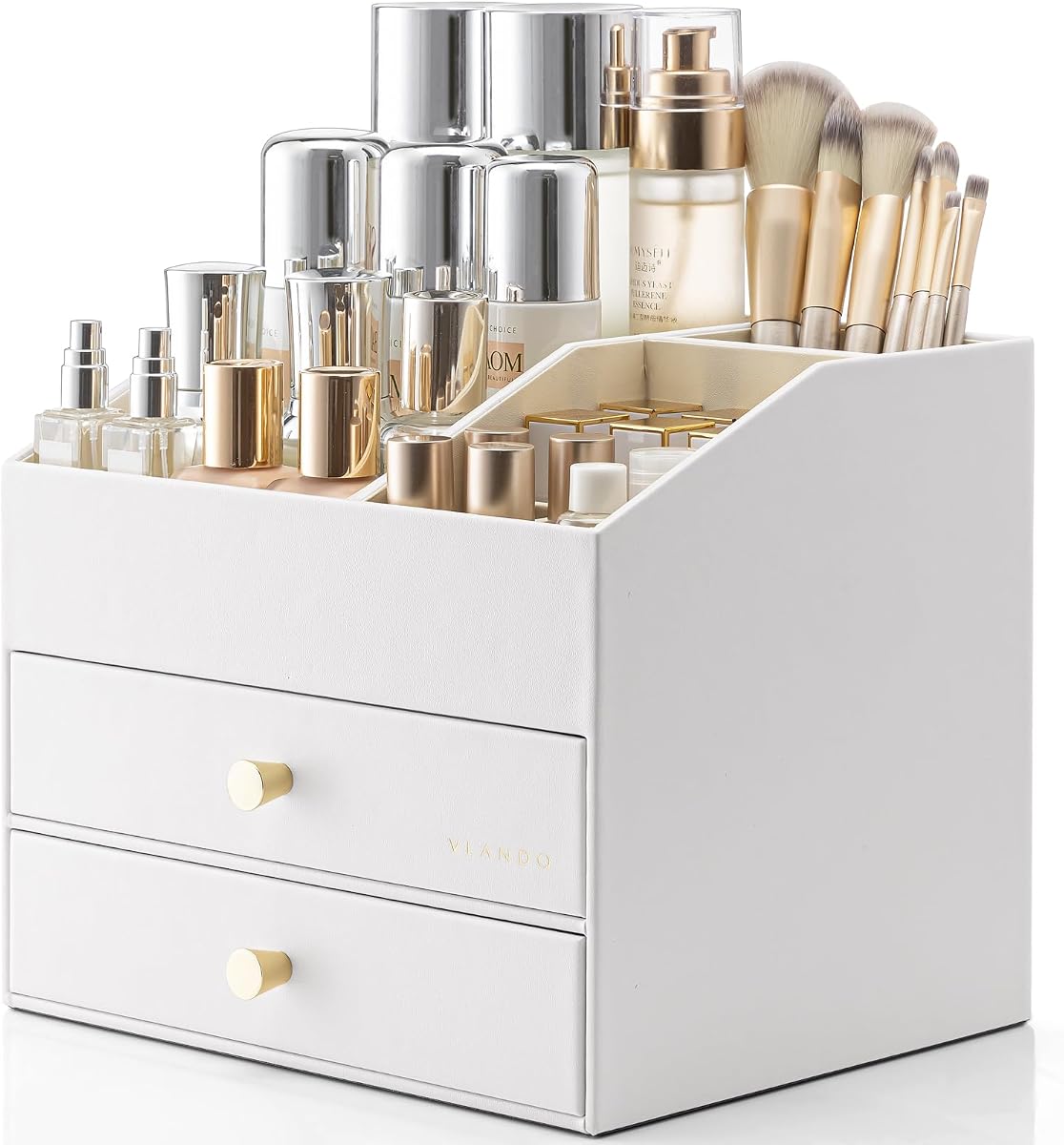 VLANDO 3-Layer Makeup Organizer with 2 Large Drawers for Vanity,White | PU Leather Perfume Organizer with Removable Lipstick Holder,Lotions,Brushes Storage,Home Decor,Gifts Ideas