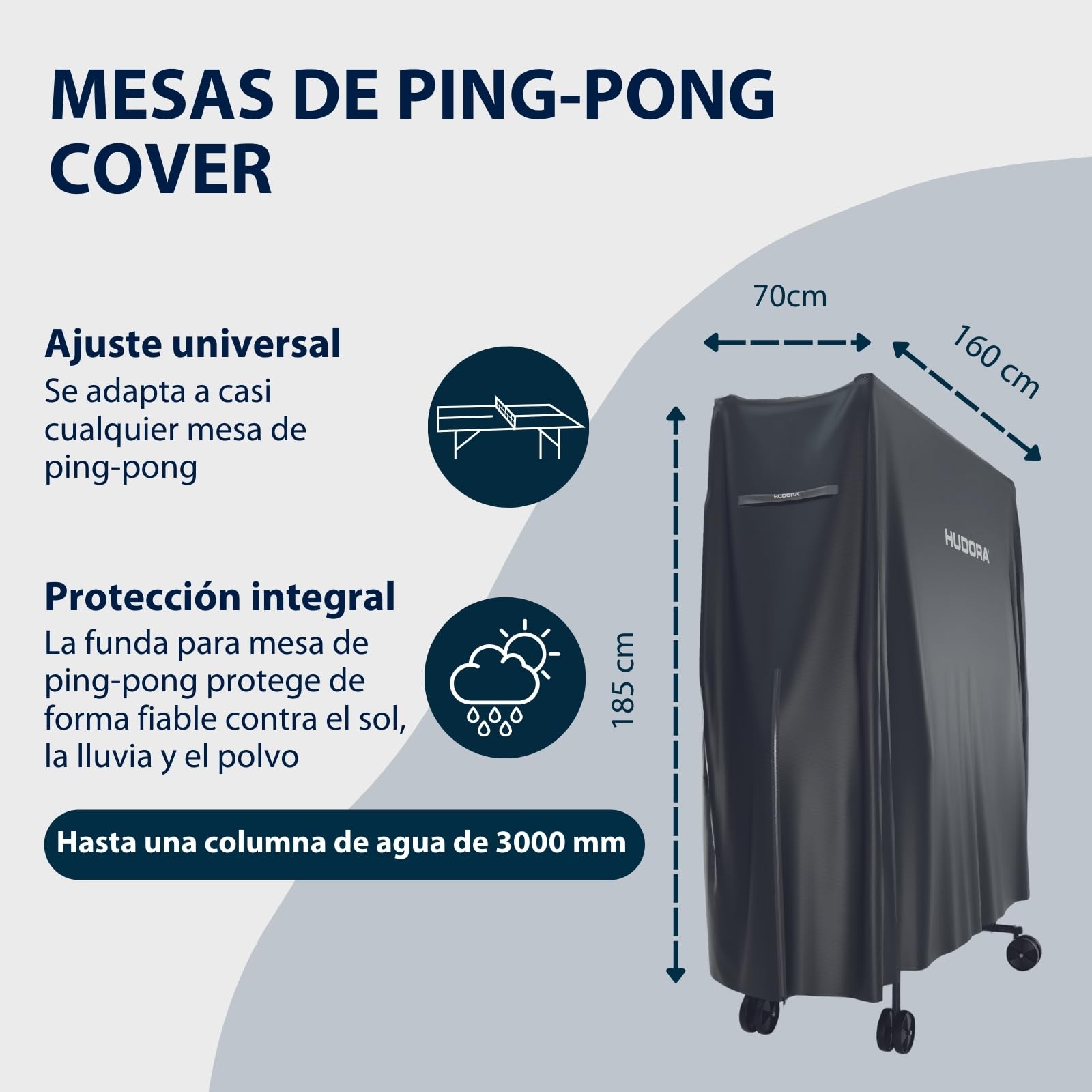HUDORA Funda para Mesa de Ping-Pong I 187x72x156 cm I Cubierta con Revestimiento de PU I Protección contra sol, polvo & lluvia I Protector para Mesa de Ping-Pong con Cremallera