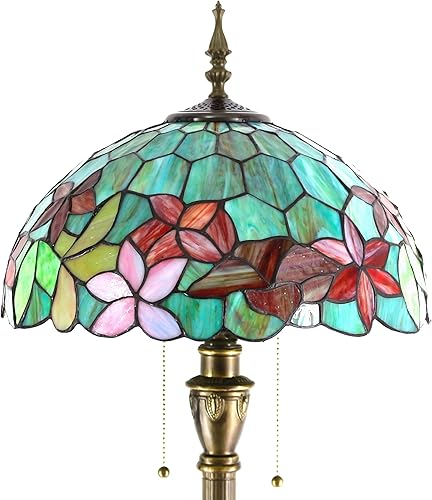 Tiffany - Lámpara de pie con vitrales, 16 x 16 x 70 pulgadas, luz de lectura antigua (flores rojas y verdes)
