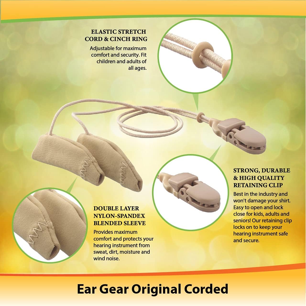 Ear Gear Original Corded – Protect Hearing Aids or Hearing Amplifiers from Dirt, Sweat, Moisture, Loss, Wind – Fits Hearing Instruments 1.25” to 2”