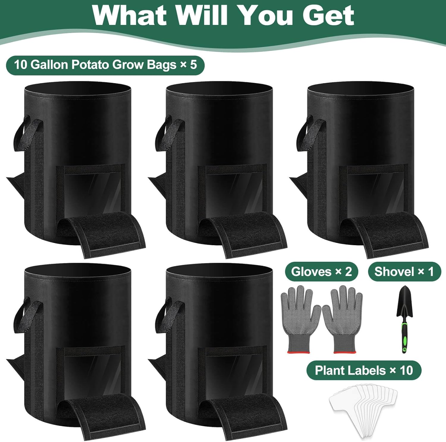 Lezmarket 5 Pack 10 Gallon Potato Grow Bags, Nonwoven Fabric Garden Planters with Reinforced Handle, Large Pots for Potato, Vegetable and Outdoor Plants