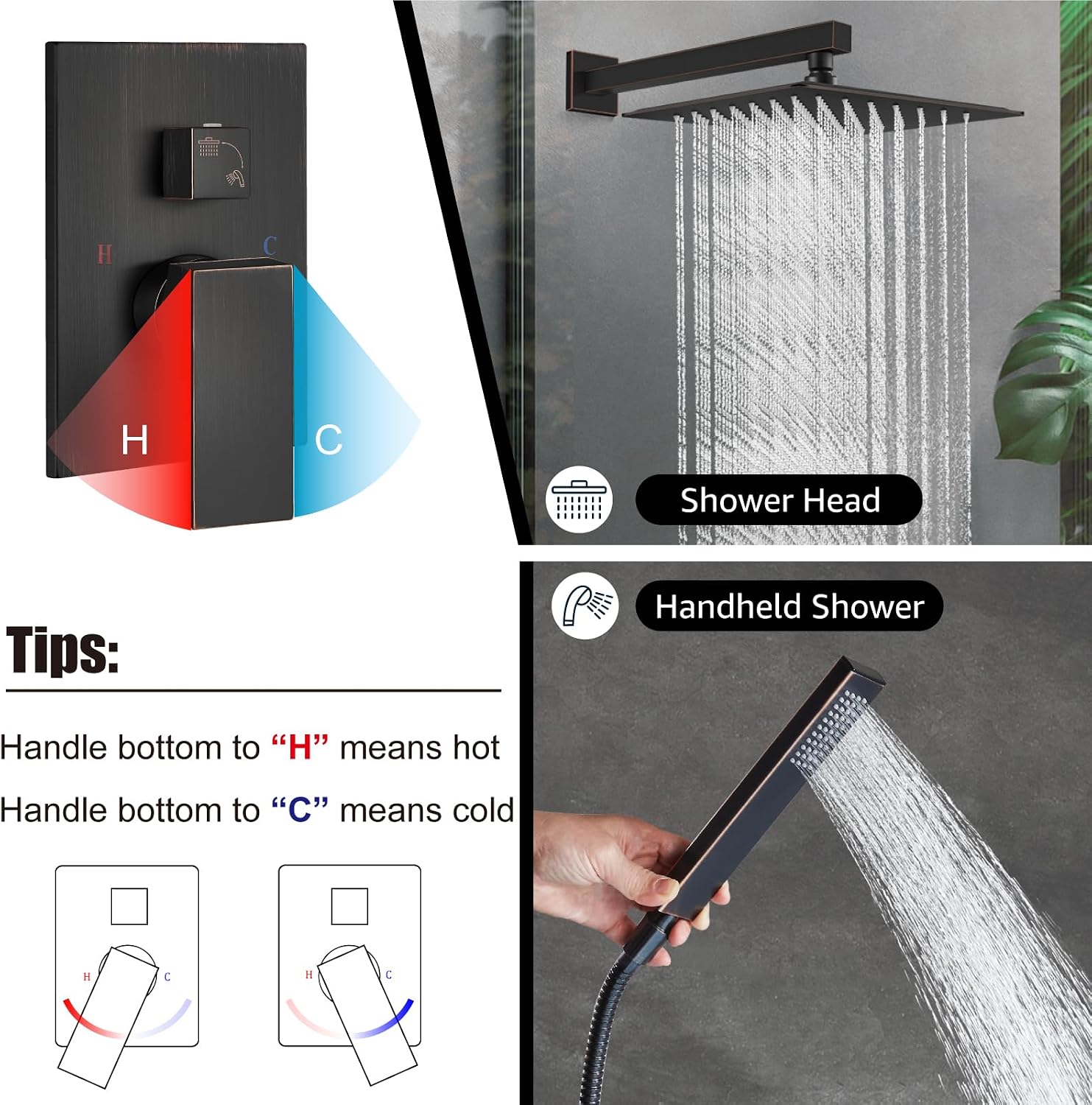 Midanya Shower Faucet Set,Wall Mount Shower System with Square Rain Shower Head and Hand Sprayer, Rough-in Valve Body and Trim Kit Included,12 Inch,Oil Rubbed Bronze