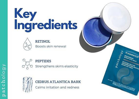 Patchology FlashPatch Restoring Night Eye Gel Patches with Retinol, Squalane & Peptides Hydrogel Under Eye Masks for Fine Lines, Dark Circles & Puffiness Overnight Eye Care (30 Pairs)
